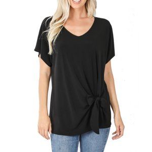 Black Tie Front Short Sleeve Tee Shirt